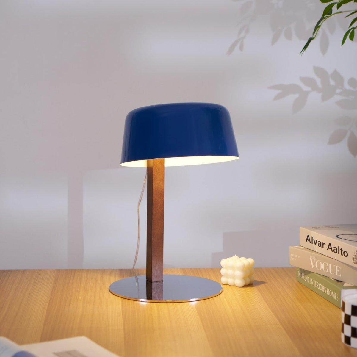 Dario Tilted Table Lamp – Modern Blue Shade, Walnut Wood & Chrome