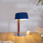 Dario Tilted Table Lamp – Modern Blue Shade, Walnut Wood & Chrome