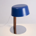 Dario Tilted Table Lamp – Modern Blue Shade, Walnut Wood & Chrome