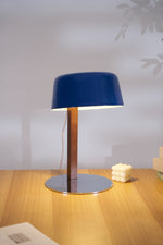 Dario Tilted Table Lamp – Modern Blue Shade, Walnut Wood & Chrome