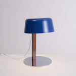 Dario Tilted Table Lamp – Modern Blue Shade, Walnut Wood & Chrome