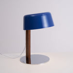 Dario Tilted Table Lamp – Modern Blue Shade, Walnut Wood & Chrome