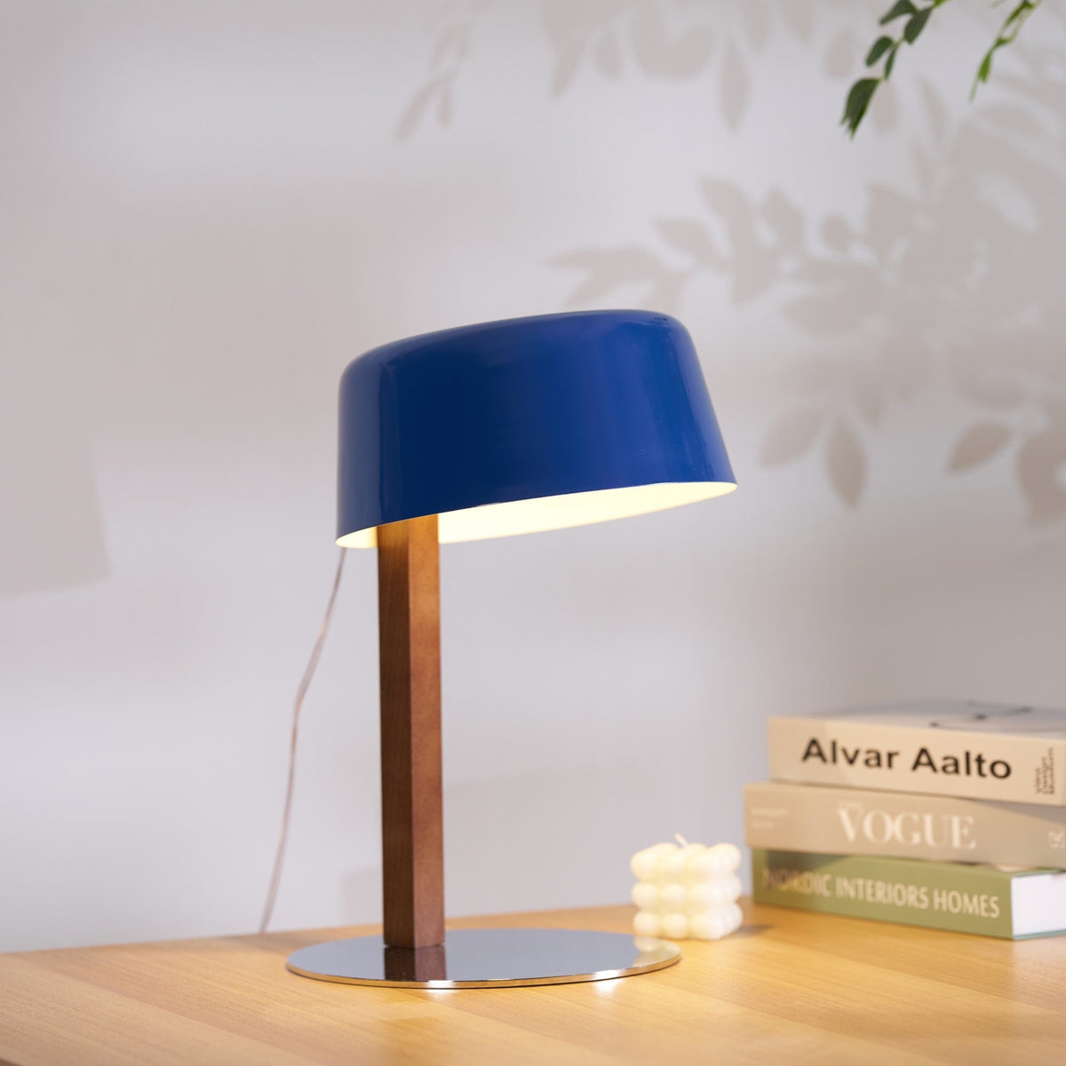 Dario Tilted Table Lamp – Modern Blue Shade, Walnut Wood & Chrome