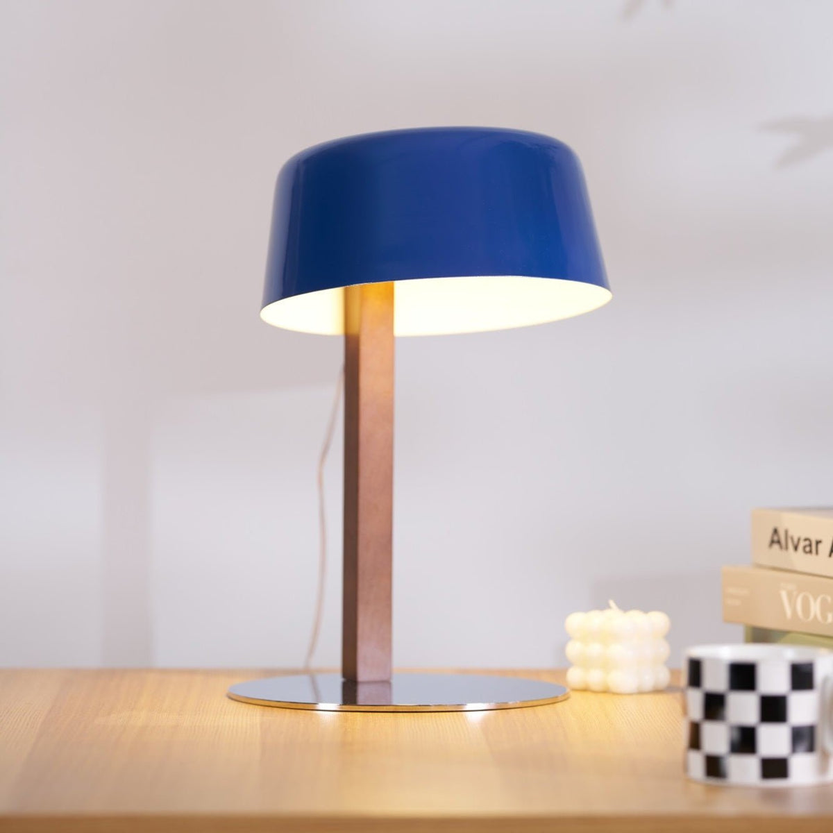 Dario Tilted Table Lamp – Modern Blue Shade, Walnut Wood & Chrome