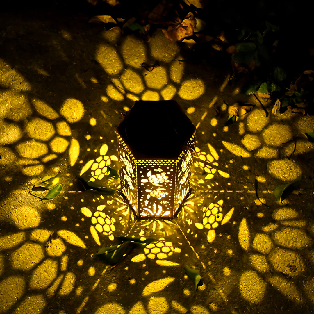 Solar-Powered Wrought Iron Outdoor Lantern with Nature Motifs