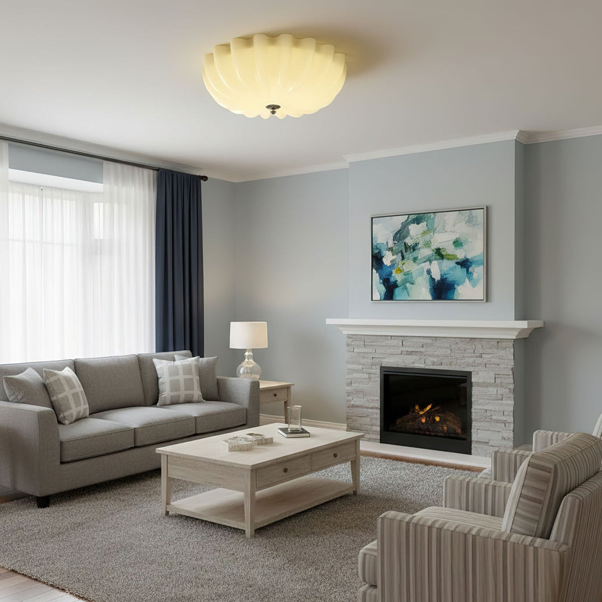 Dewdrop Shell Semi Flush Ceiling Light in Gold and Walnut