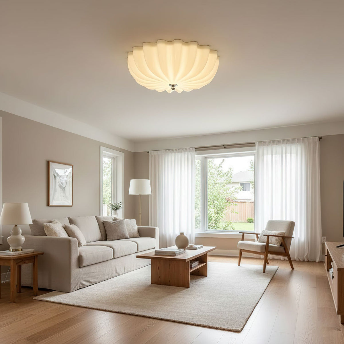 Dewdrop Shell Semi Flush Ceiling Light in Gold and Walnut