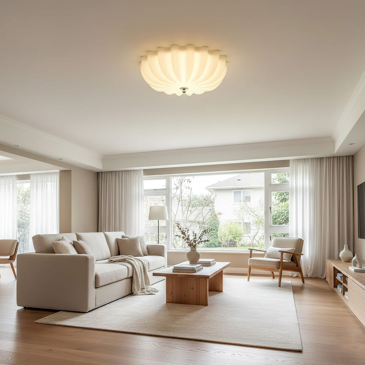 Dewdrop Shell Semi Flush Ceiling Light in Gold and Walnut