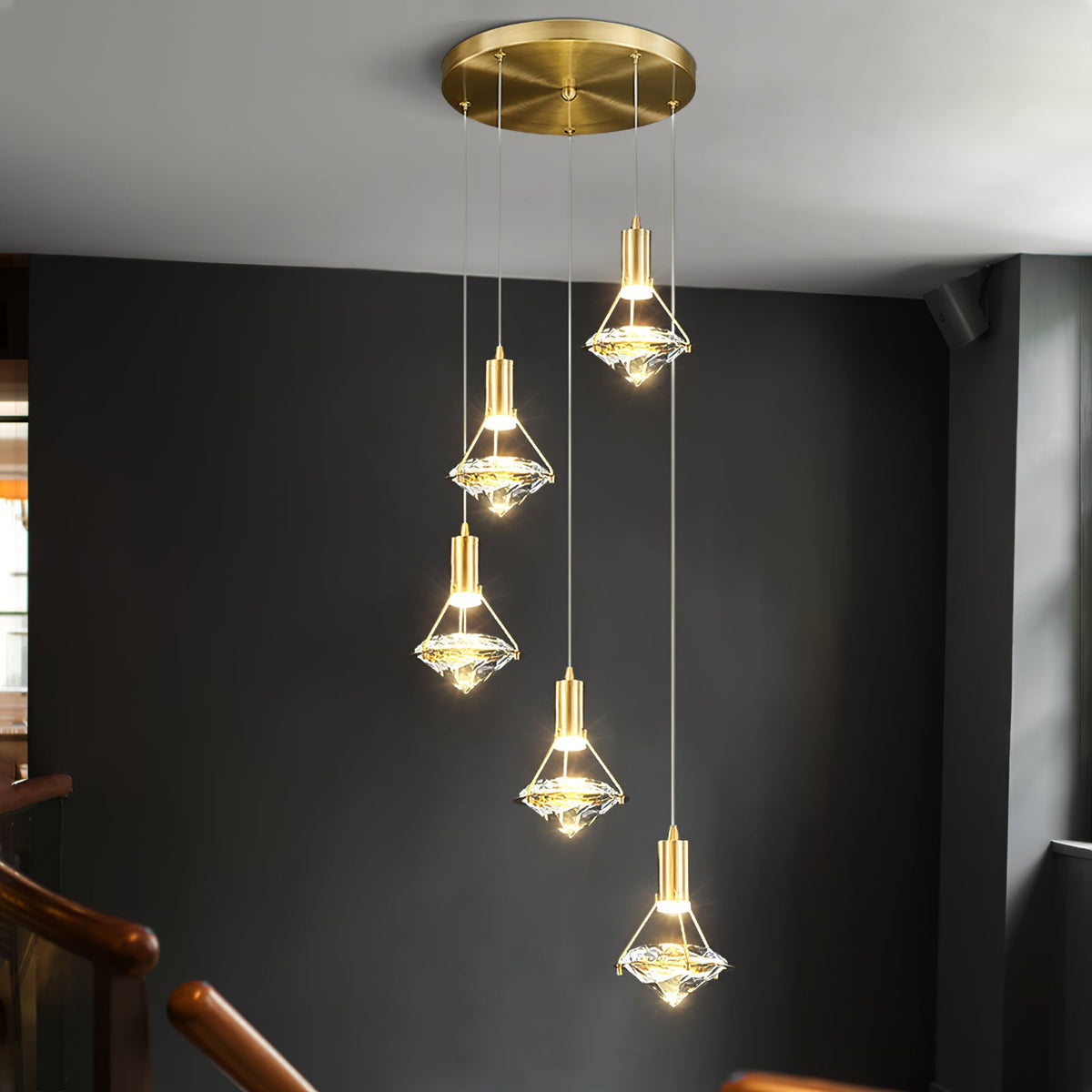 Diamond Crystal Pendant Light in Brass | Modern LED Hanging Lamp for Dining Room and Living Room