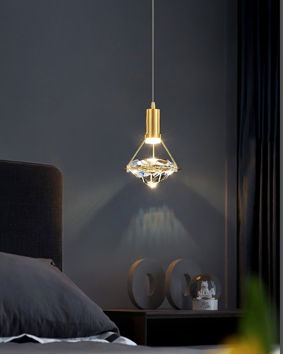 Diamond Crystal Pendant Light in Brass | Modern LED Hanging Lamp for Dining Room and Living Room