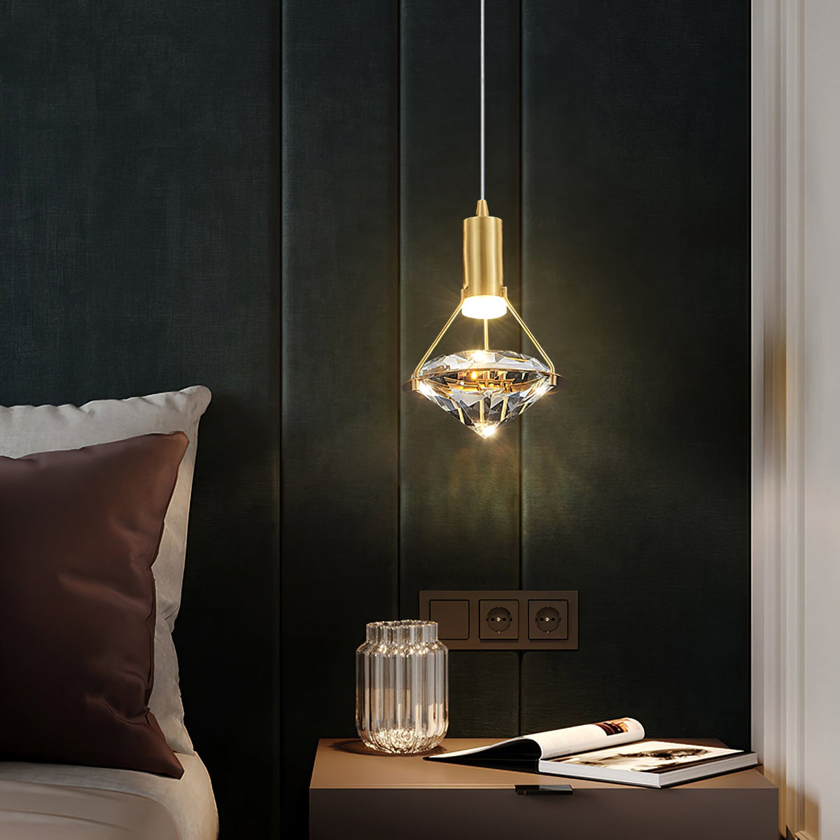 Diamond Crystal Pendant Light in Brass | Modern LED Hanging Lamp for Dining Room and Living Room