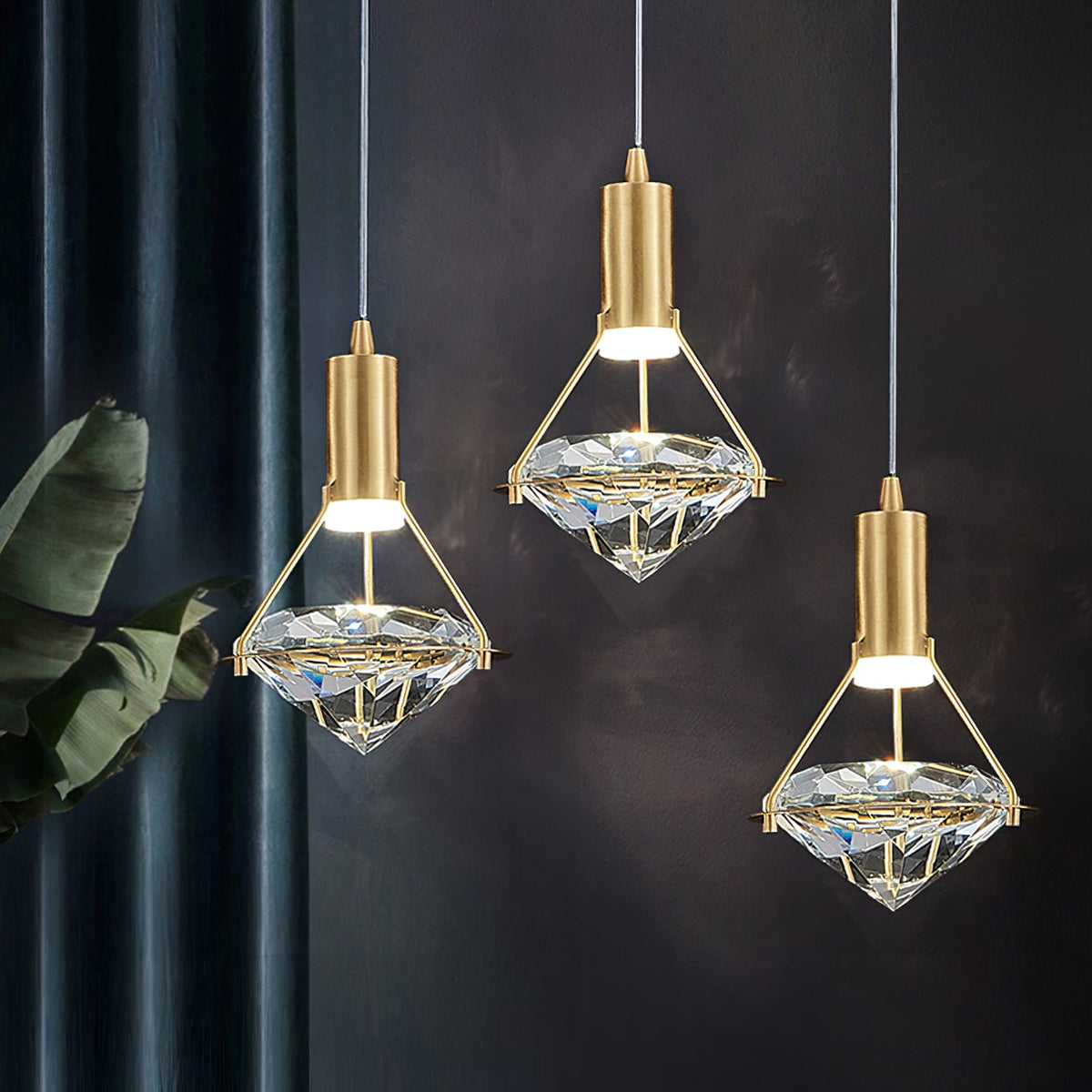 Diamond Crystal Pendant Light in Brass | Modern LED Hanging Lamp for Dining Room and Living Room