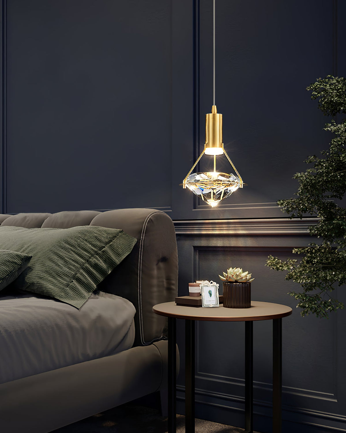 Diamond Crystal Pendant Light in Brass | Modern LED Hanging Lamp for Dining Room and Living Room