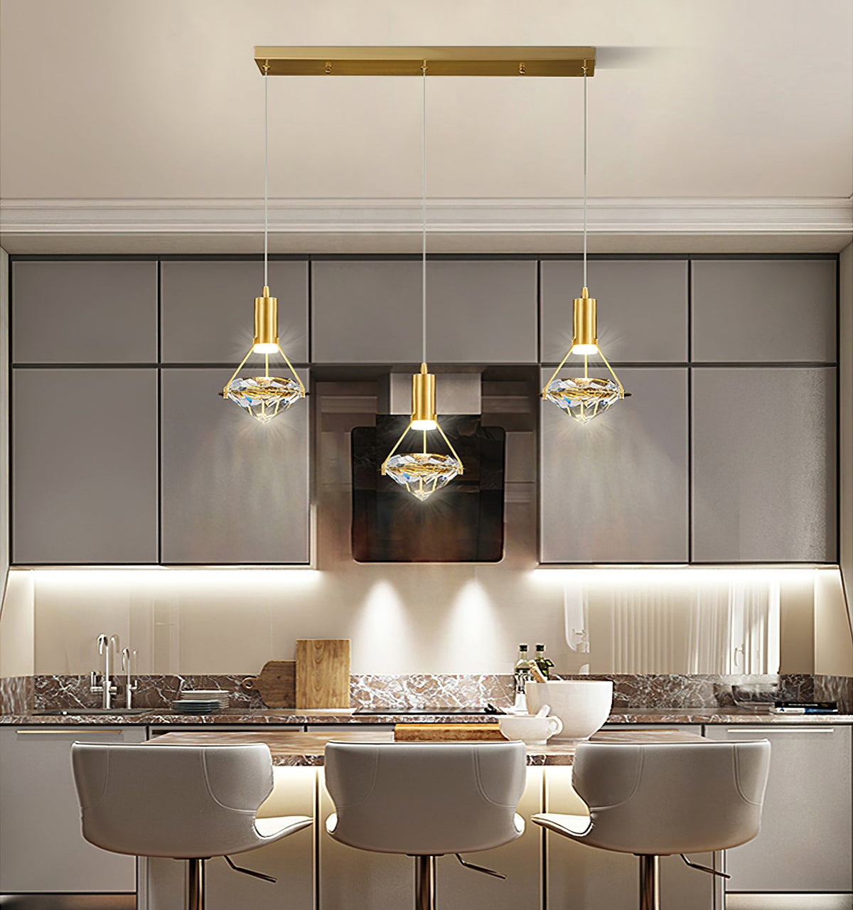 Diamond Crystal Pendant Light in Brass | Modern LED Hanging Lamp for Dining Room and Living Room