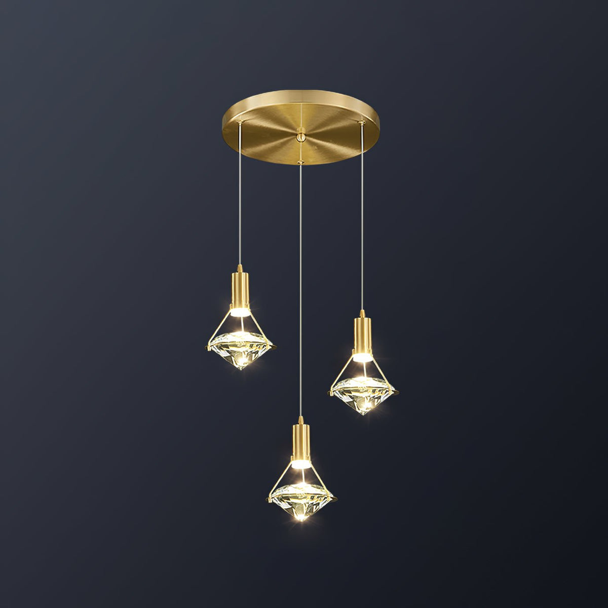 Diamond Crystal Pendant Light in Brass | Modern LED Hanging Lamp for Dining Room and Living Room