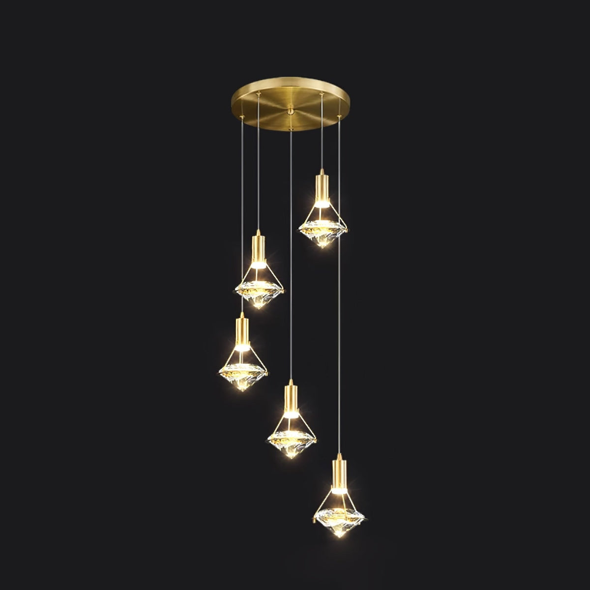 Diamond Crystal Pendant Light in Brass | Modern LED Hanging Lamp for Dining Room and Living Room