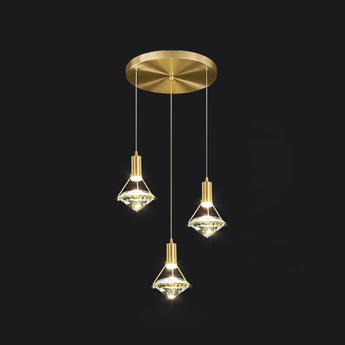 Diamond Crystal Pendant Light in Brass | Modern LED Hanging Lamp for Dining Room and Living Room