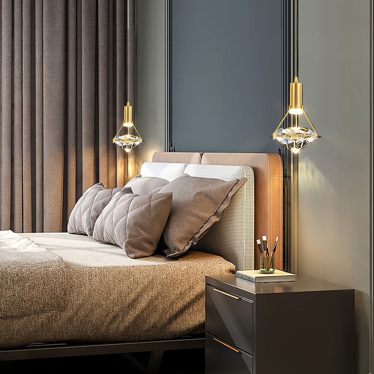 Diamond Crystal Pendant Light in Brass | Modern LED Hanging Lamp for Dining Room and Living Room