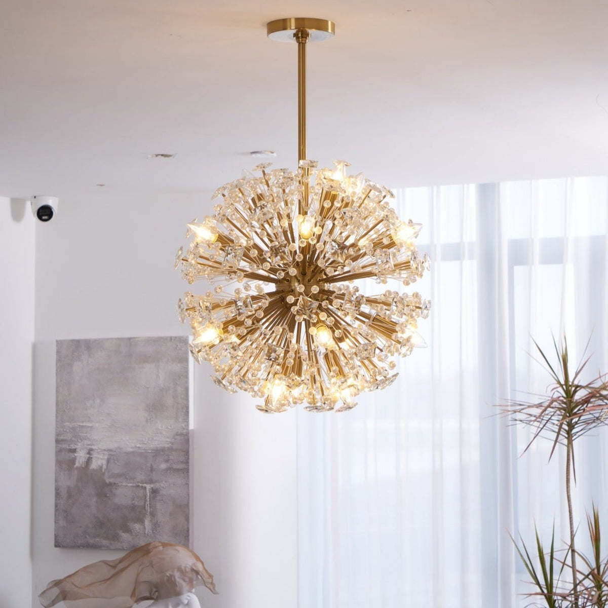 Dickinson Crystal Chandelier — Modern Gold Starburst Pendant Light for Dining Room and Foyer