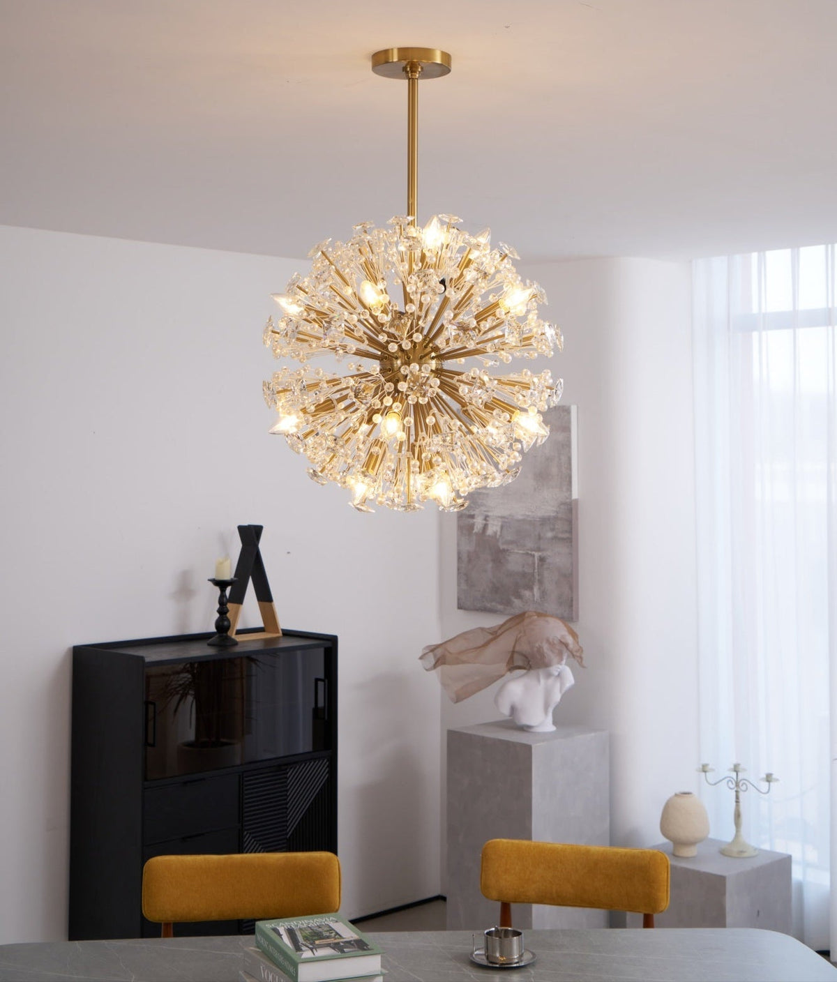 Dickinson Crystal Chandelier — Modern Gold Starburst Pendant Light for Dining Room and Foyer