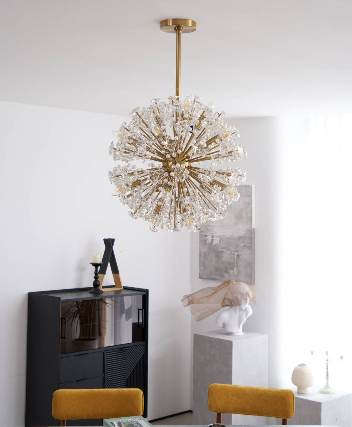Dickinson Crystal Chandelier — Modern Gold Starburst Pendant Light for Dining Room and Foyer