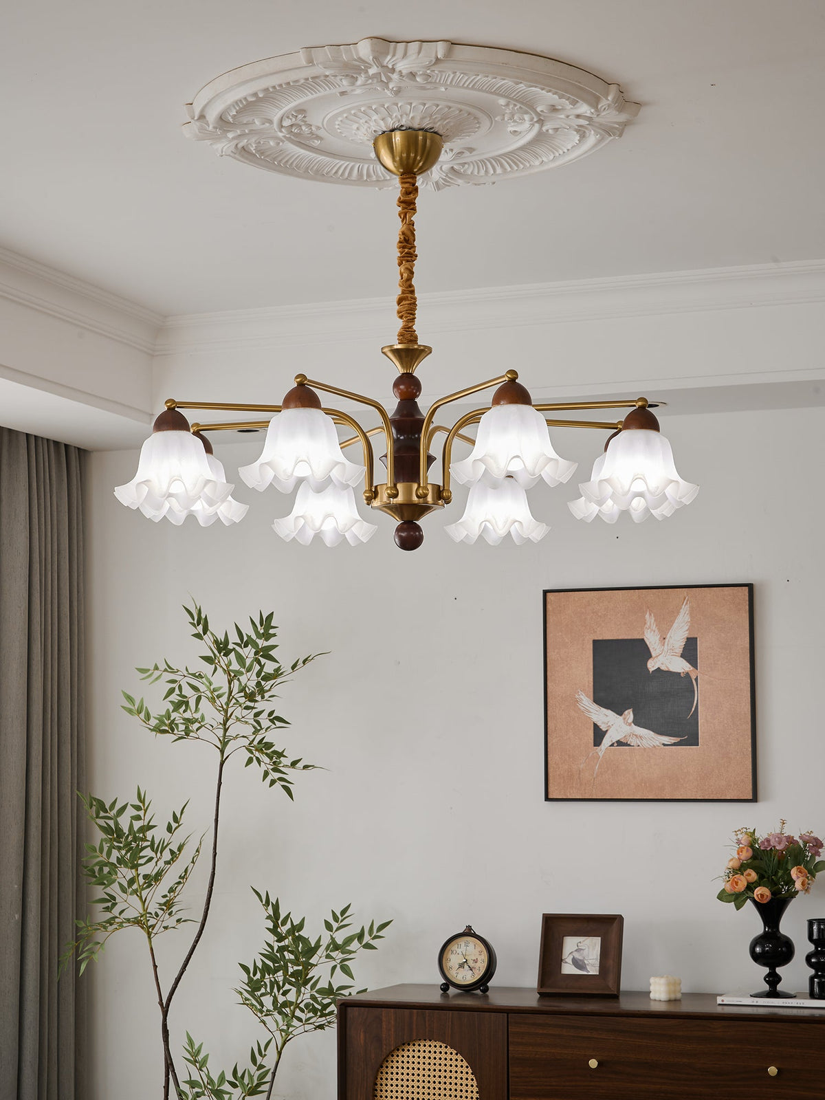 Dioris Modern Glass Chandelier with Wood and Gold Accents for Dining Room and Living Room