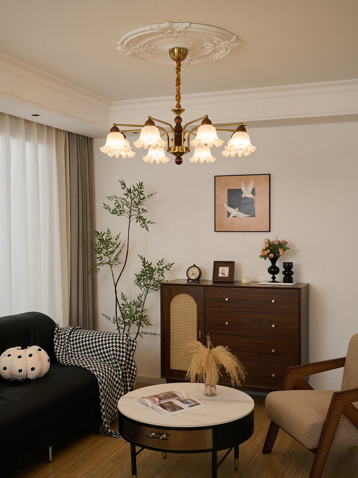Dioris Modern Glass Chandelier with Wood and Gold Accents for Dining Room and Living Room