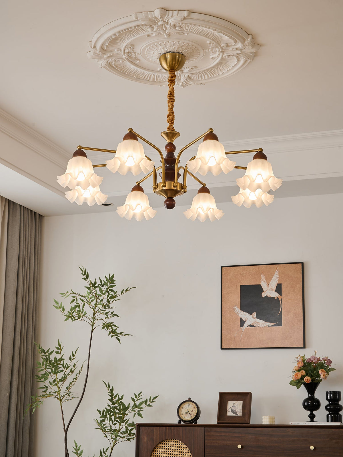 Dioris Modern Glass Chandelier with Wood and Gold Accents for Dining Room and Living Room