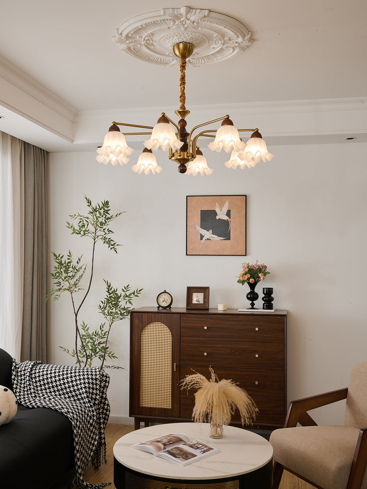 Dioris Modern Glass Chandelier with Wood and Gold Accents for Dining Room and Living Room
