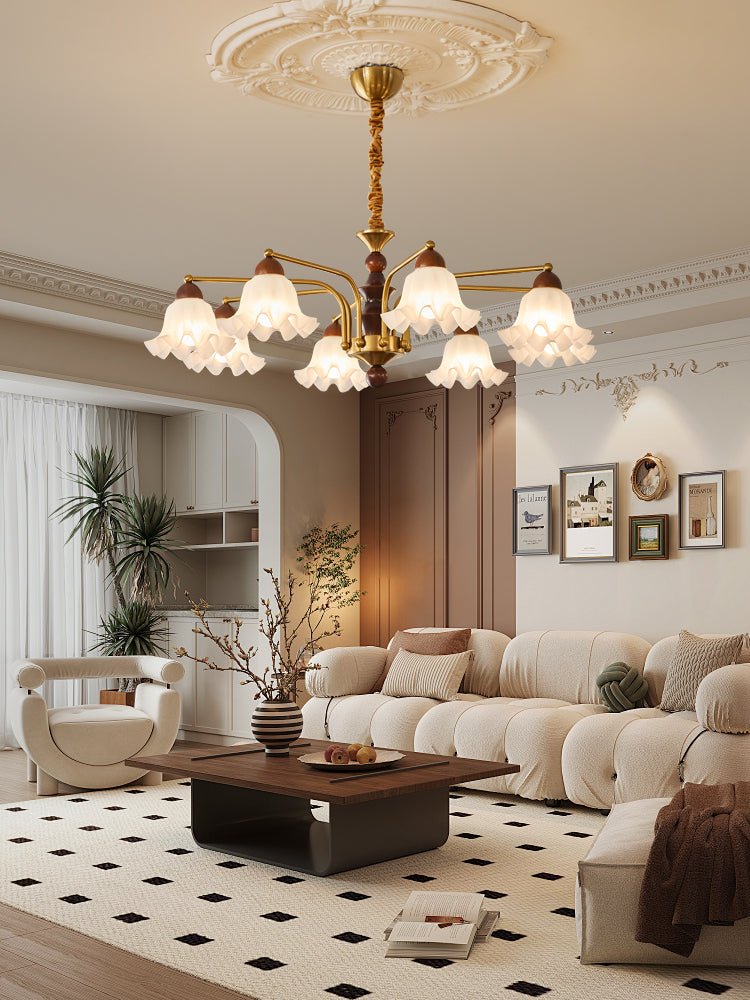 Dioris Modern Glass Chandelier with Wood and Gold Accents for Dining Room and Living Room