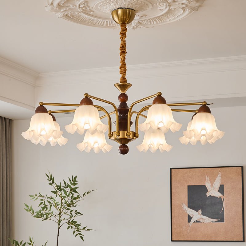 Dioris Modern Glass Chandelier with Wood and Gold Accents for Dining Room and Living Room