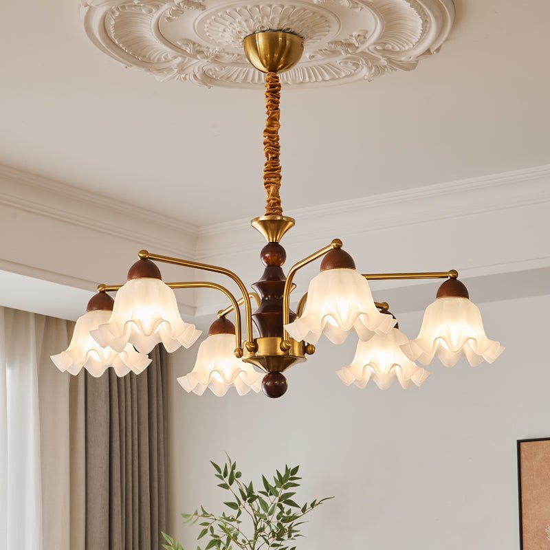 Dioris Modern Glass Chandelier with Wood and Gold Accents for Dining Room and Living Room