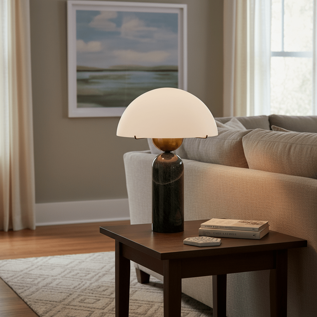 Dome Mushroom Table Lamp with Marble Base and Gold Accents