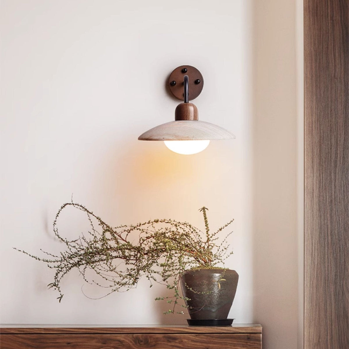 Travertine Dome Wall Sconce with Brass Arm and Wood Accent