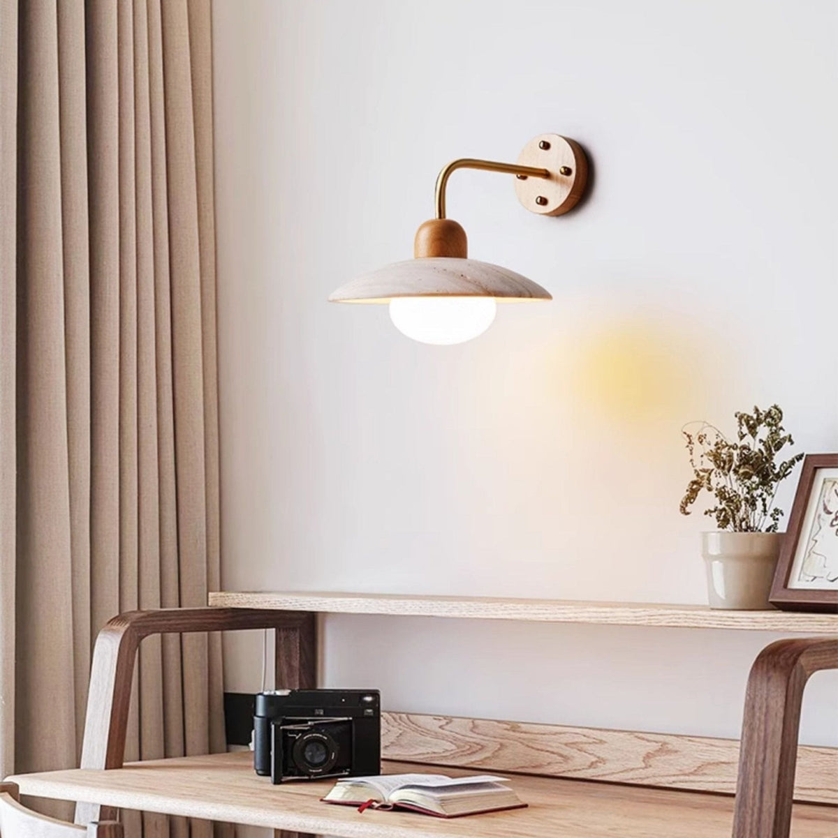 Travertine Dome Wall Sconce with Brass Arm and Wood Accent