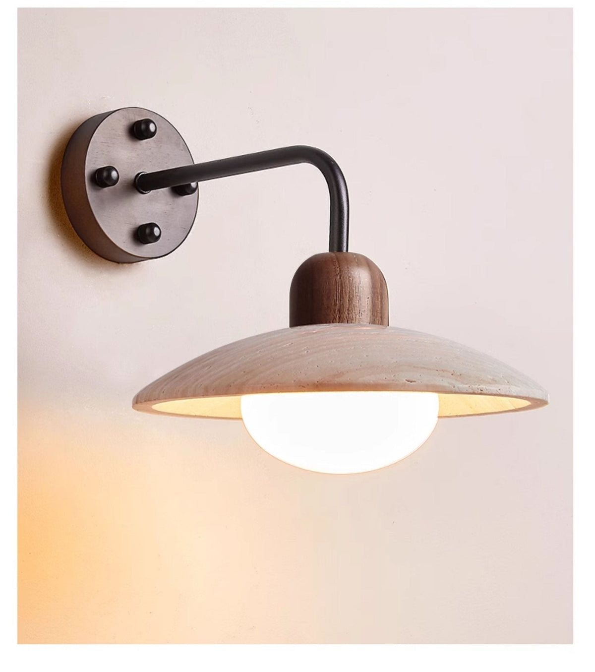 Travertine Dome Wall Sconce with Brass Arm and Wood Accent