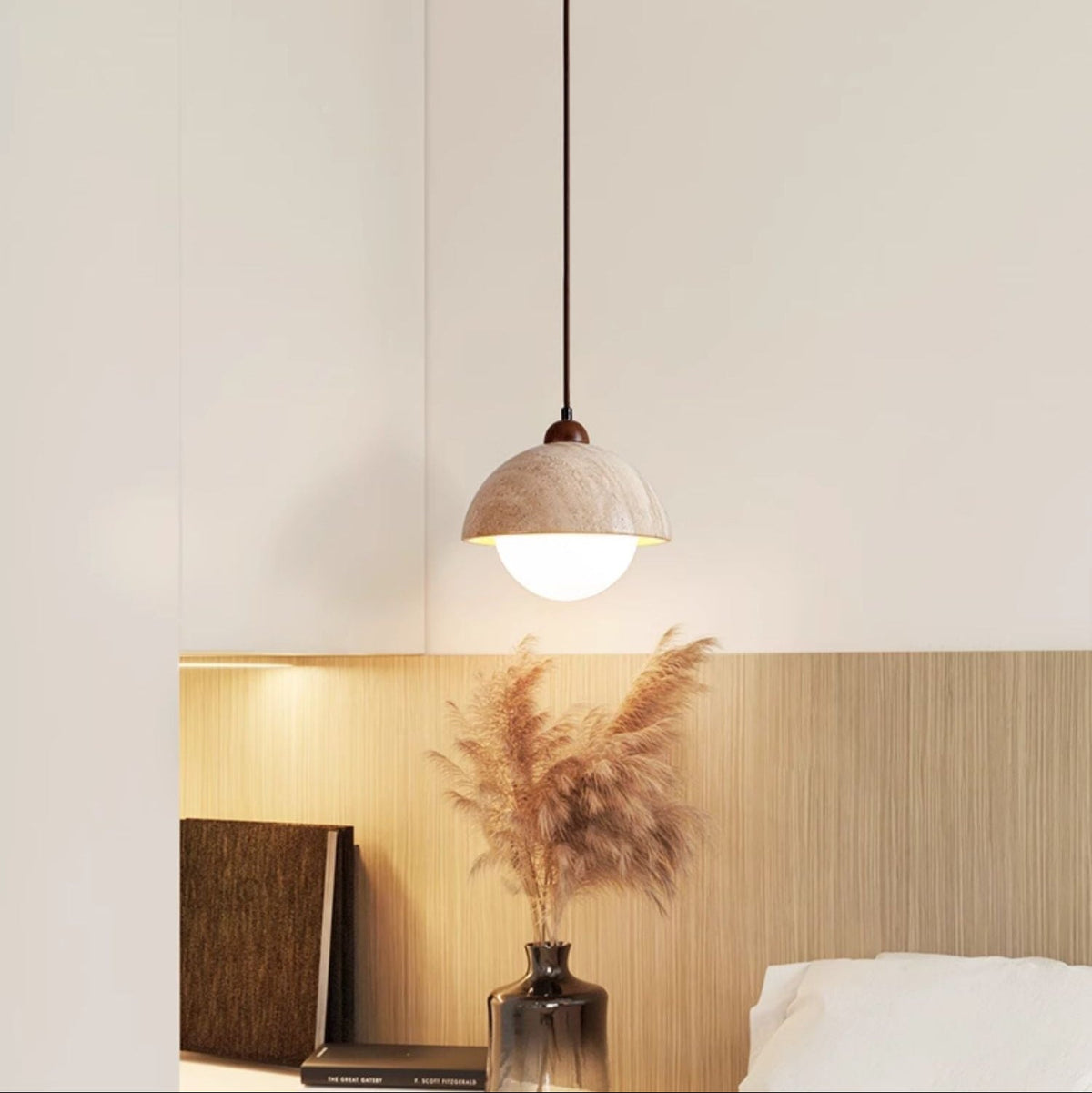 Dome Travertine Pendant Light in Natural Stone with Opal Glass