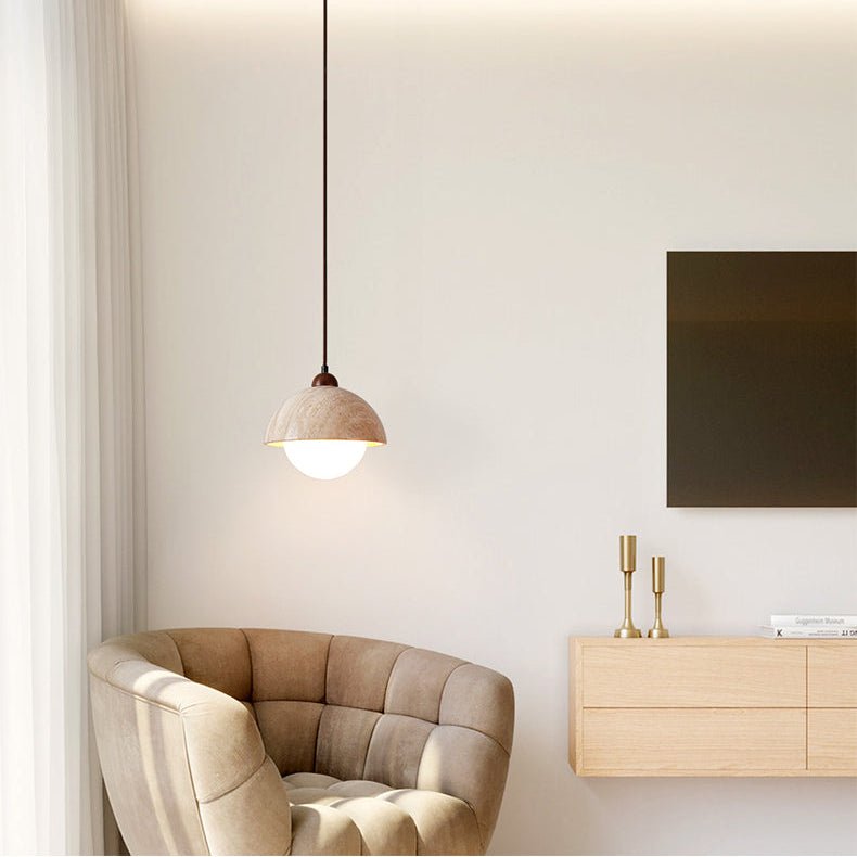 Dome Travertine Pendant Light in Natural Stone with Opal Glass