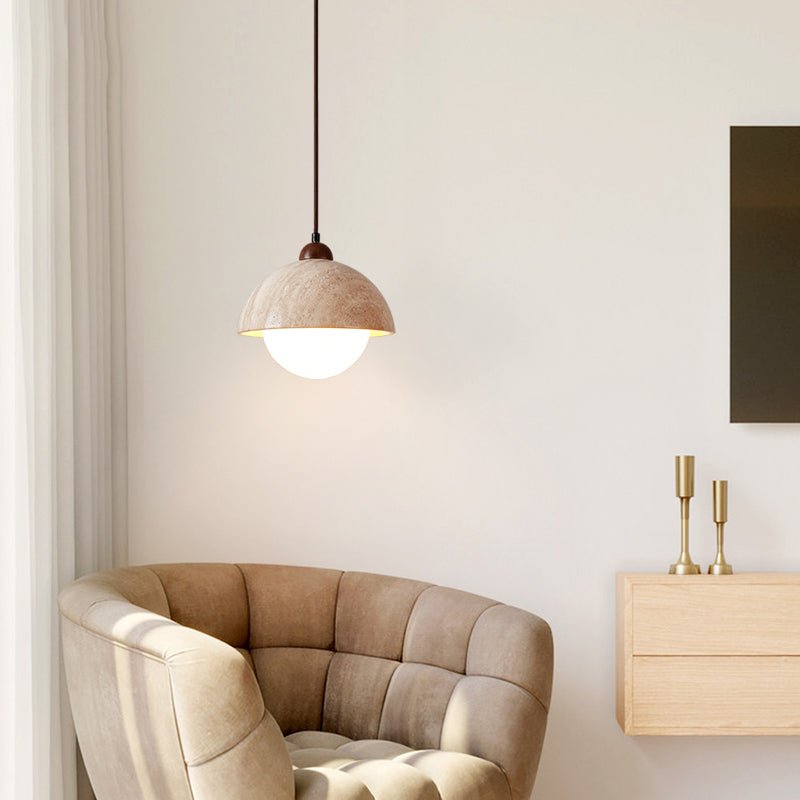 Dome Travertine Pendant Light in Natural Stone with Opal Glass