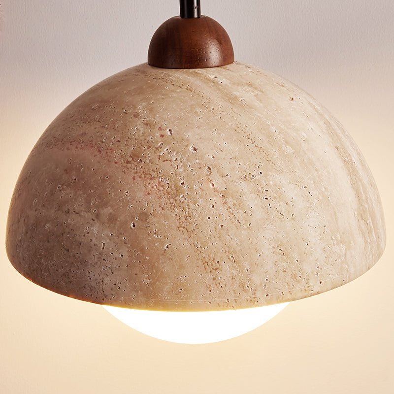 Dome Travertine Pendant Light in Natural Stone with Opal Glass