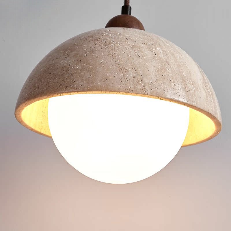 Dome Travertine Pendant Light in Natural Stone with Opal Glass