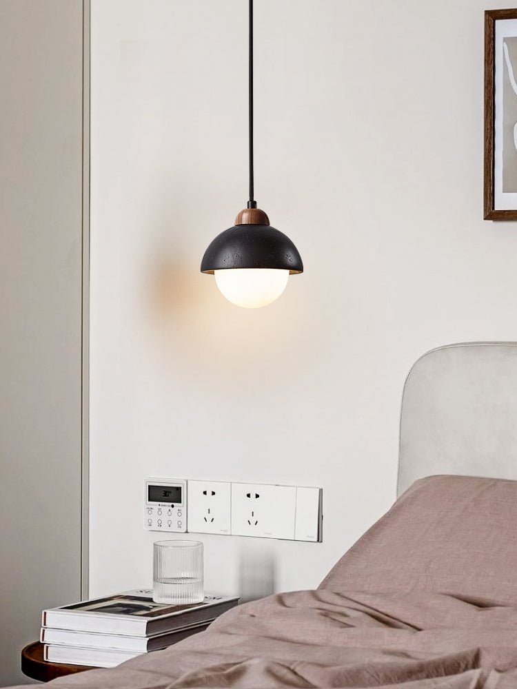 Domewood Pendant Light – Black Travertine & Walnut Modern Hanging Lamp