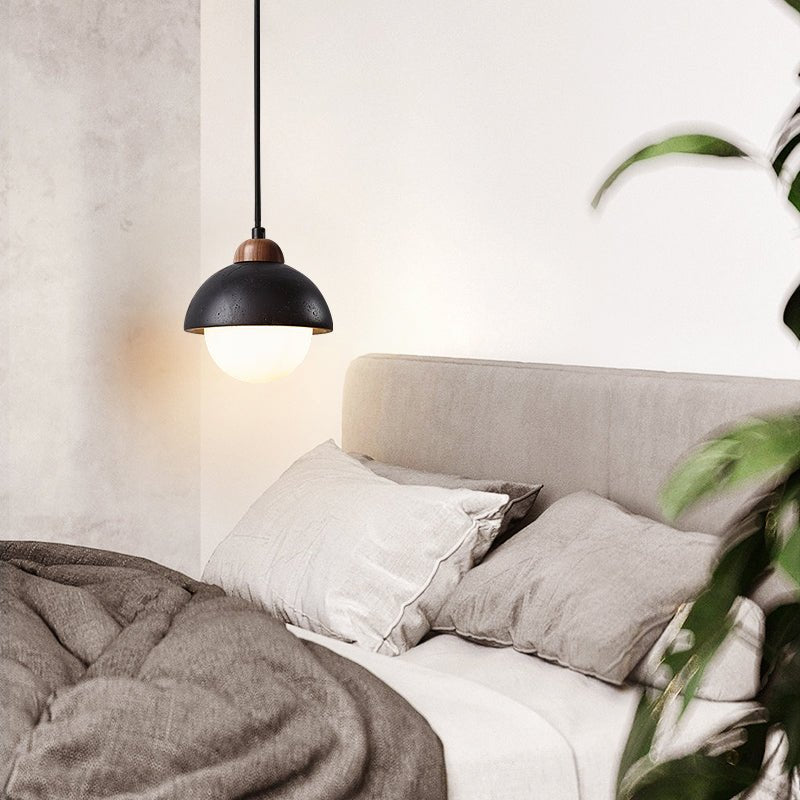 Domewood Pendant Light – Black Travertine & Walnut Modern Hanging Lamp