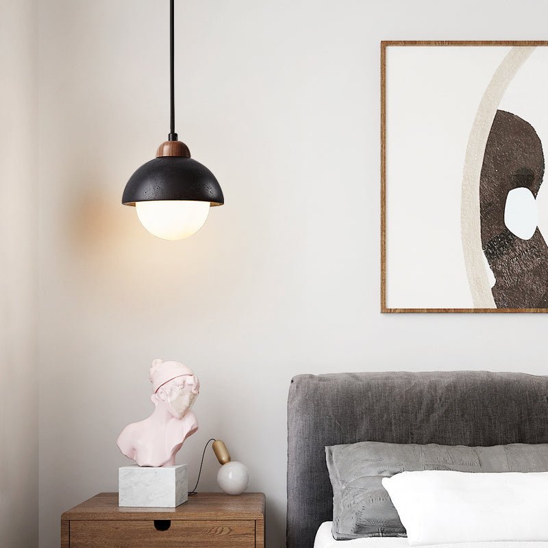 Domewood Pendant Light – Black Travertine & Walnut Modern Hanging Lamp