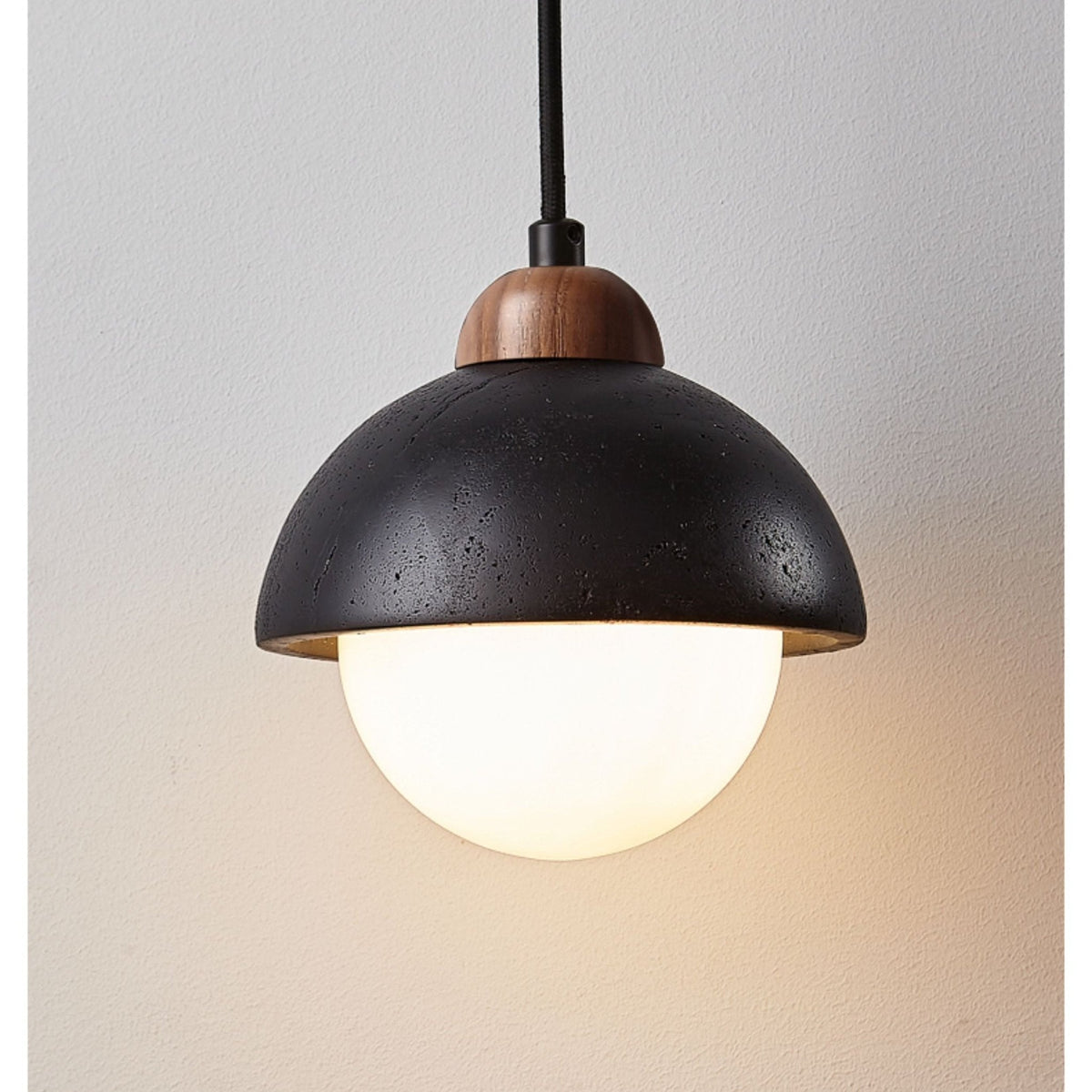 Domewood Pendant Light – Black Travertine & Walnut Modern Hanging Lamp