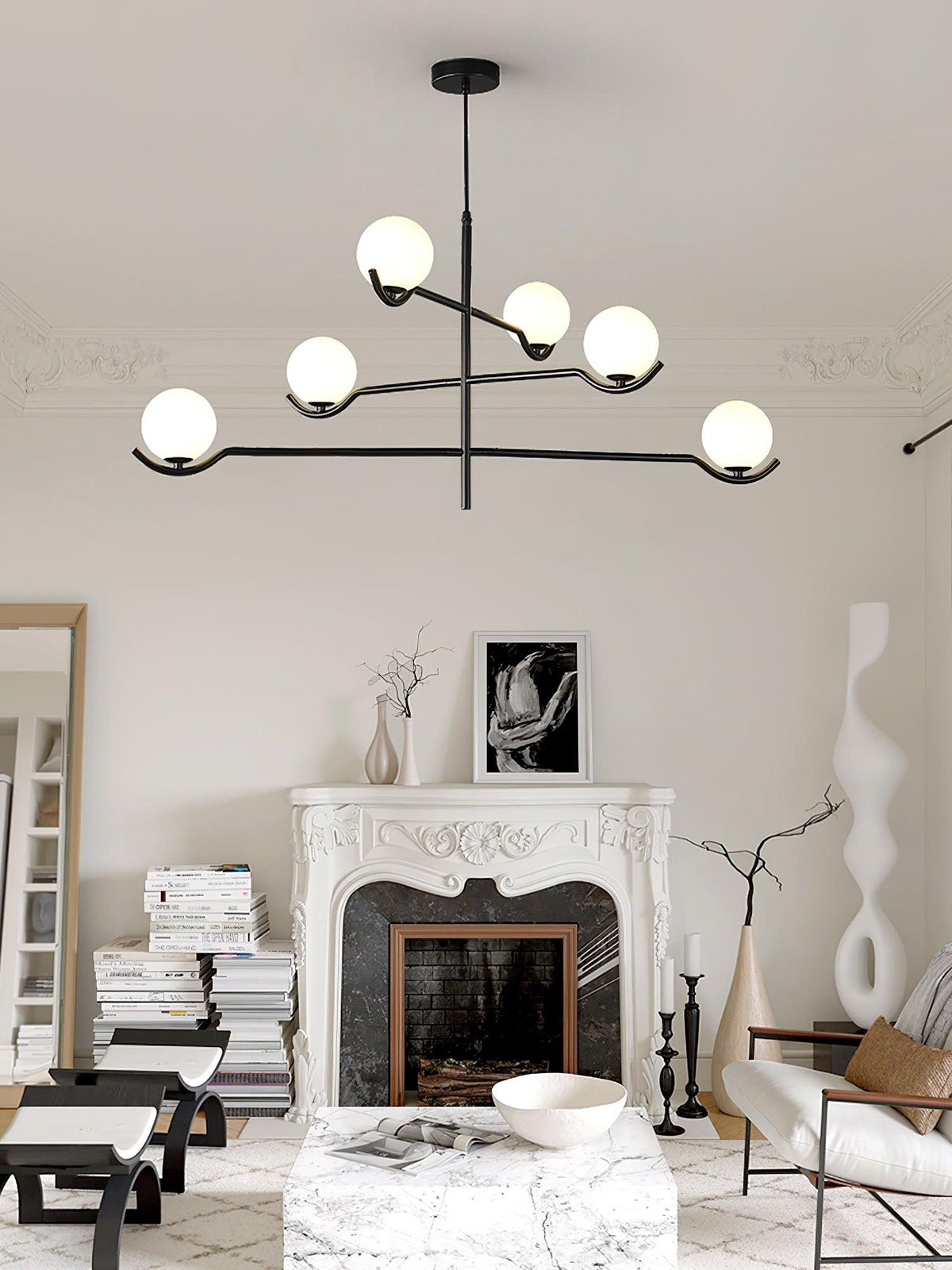 Doris Modern Glass Ball Chandelier in Black Metal for Dining Room and Living Room