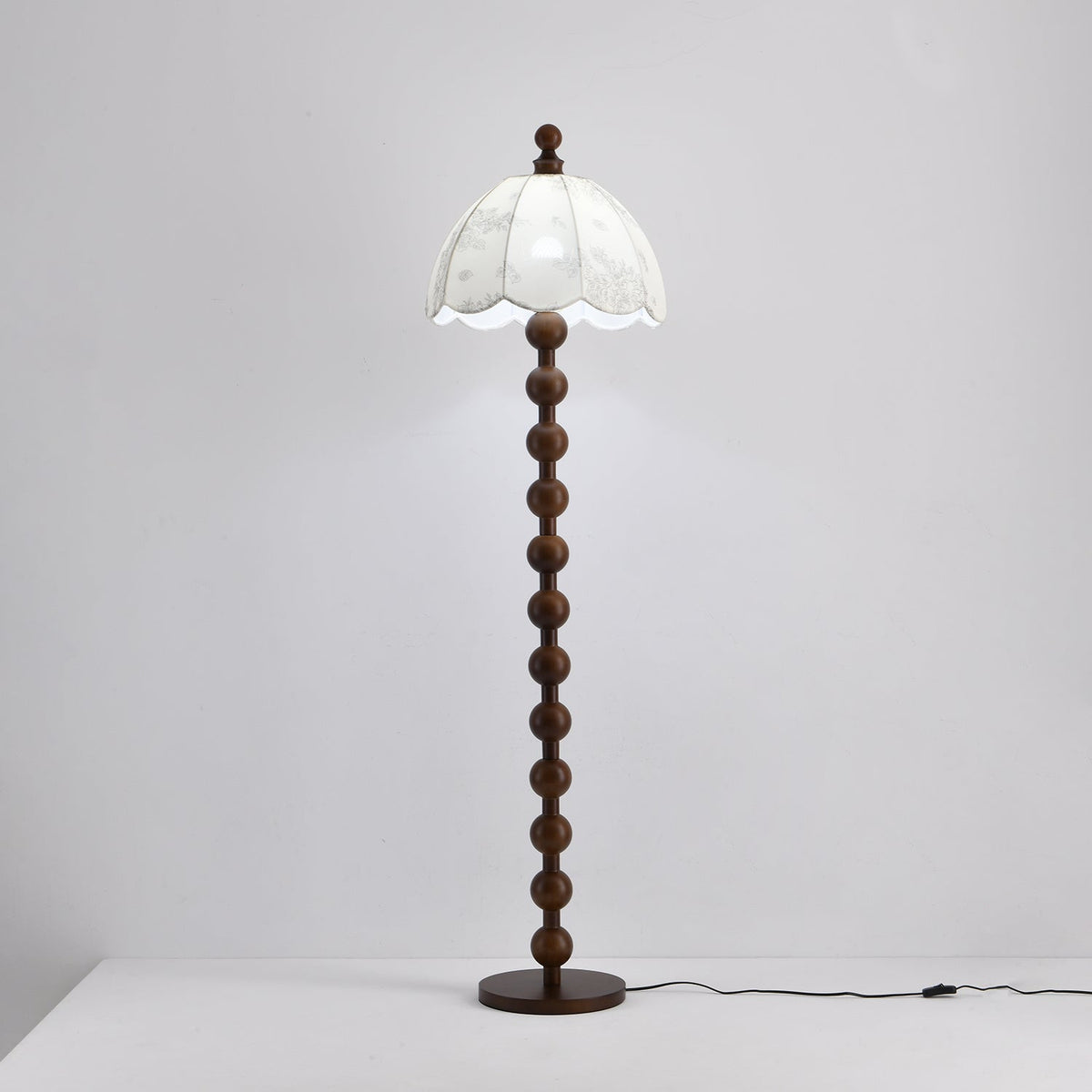 Dottie Belle Walnut Wood Floor Lamp with Scalloped Fabric Shade
