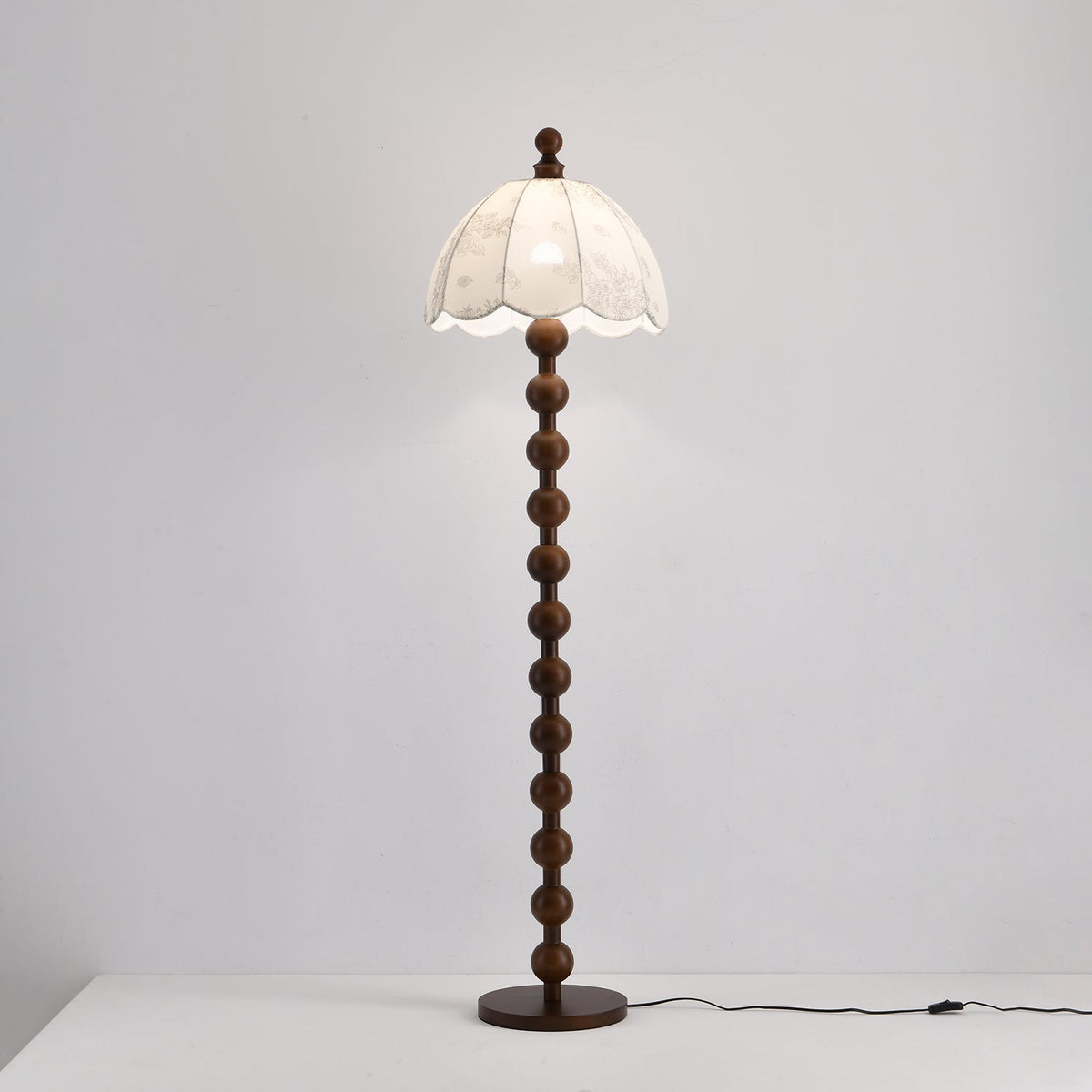 Dottie Belle Walnut Wood Floor Lamp with Scalloped Fabric Shade