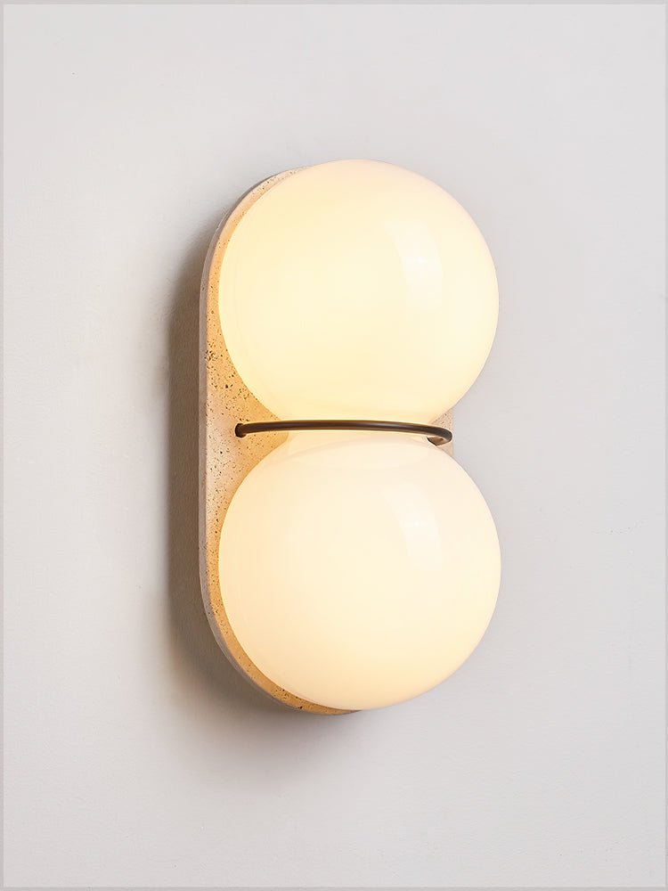 Double Globe Travertine Wall Sconce in Yellow Travertine and Glass