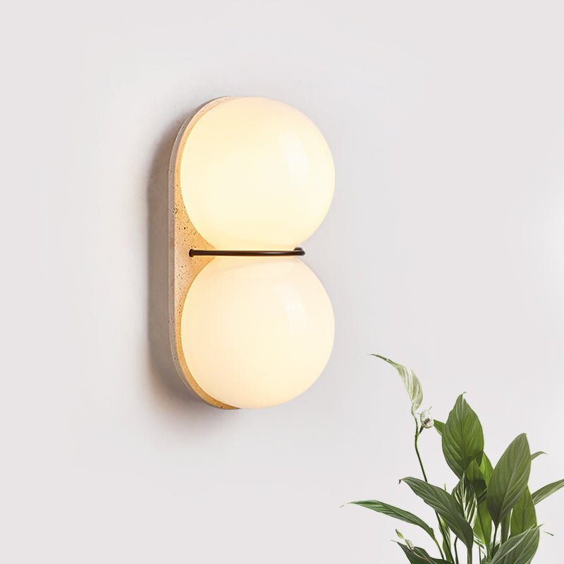 Double Globe Travertine Wall Sconce in Yellow Travertine and Glass